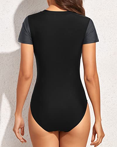 One Piece Uv Block Fabric Rash Guard Bathing Suit Women-Black And Gray