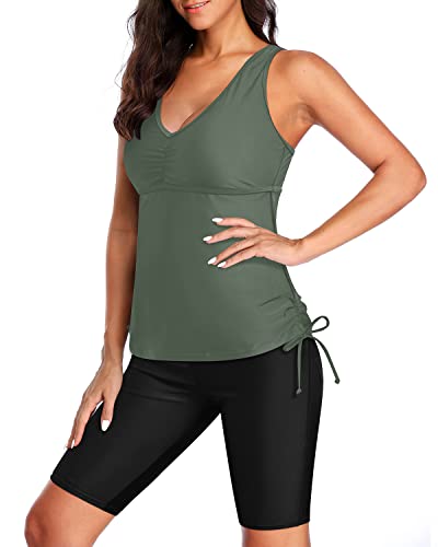 Women Two Piece Tankini Swimsuits Shorts Athletic Bathing Suit-Army Green And Black