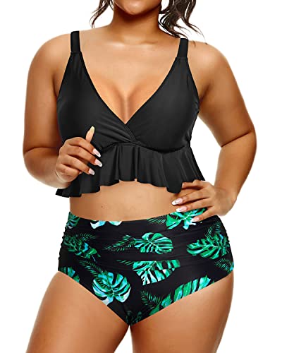 High Rise Flounce Bikini Top And High Waisted Swimsuit Bottom-Black Leaf