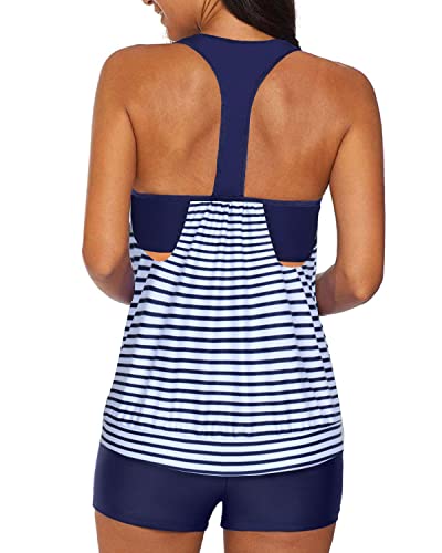 Layered Design Sporty Tankini Bathing Suits For Women Tummy Control-Blue White Stripe