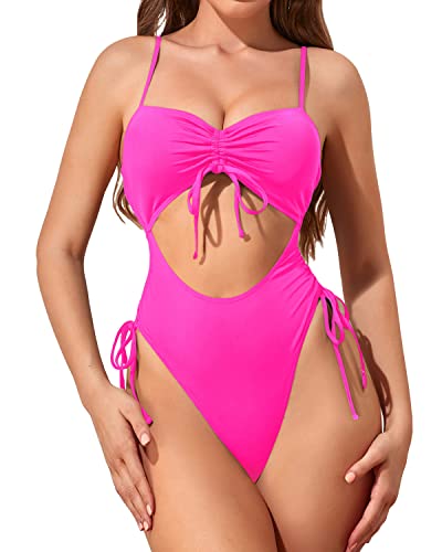 Ruched High Waist Tummy Control Thong Swimsuit For Women-Neon Pink