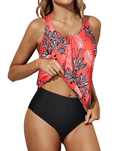 Racerback Tank Tops Bottoms Blouson Swimwear For Women-Red Floral