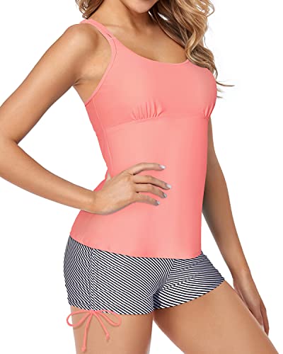 Scoop Neck Long Enough Tankini Swimsuits Athletic Two Piece Tummy Control-Coral Pink Stripe