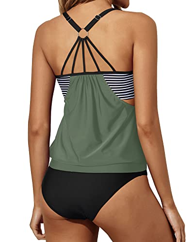 Blouson Swim Top & Bottom Double Up Tankini Swimsuits For Women-Army Green