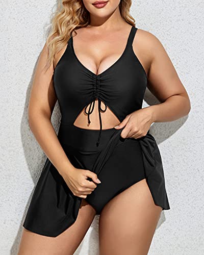 Adjustable Drawstring Swimwear Full Coverage For Women-Black