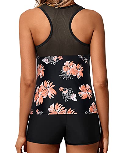 Ladies Mid-Waist Solid Boyleg Bottom Tankini Swimsuit-Black Orange Floral