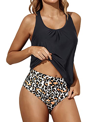 Women's Two Piece Swimsuit Tummy Control Tankini Bathing Suits-Black And Leopard