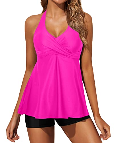 Open Back Detail Tankini Swimsuits For Women Shorts-Neon Pink And Black