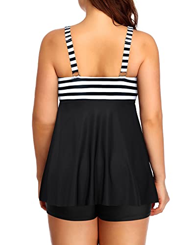 V Neckline Modest Coverage Swimwear Bowknot For Ladies-Black And White Stripe