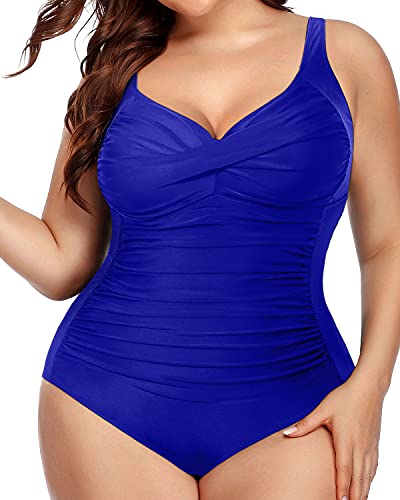 Slimming Shirred Front Swimsuits For Curvy Women-Royal Blue