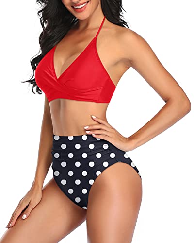 Two Piece Swimsuit Adjustable Self-Tie Straps Halter Top Bikini Sets-Red Dot