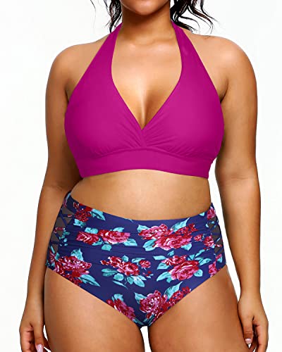 Plus Size High Waisted Two Piece Halter Bikini Tummy Control Swimsuit-Pink Floral