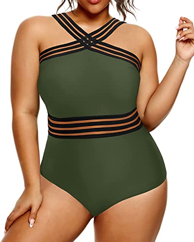 High Neck One Piece Bathing Suits Front Crossover Monokini Swimsuits For Women-Army Green