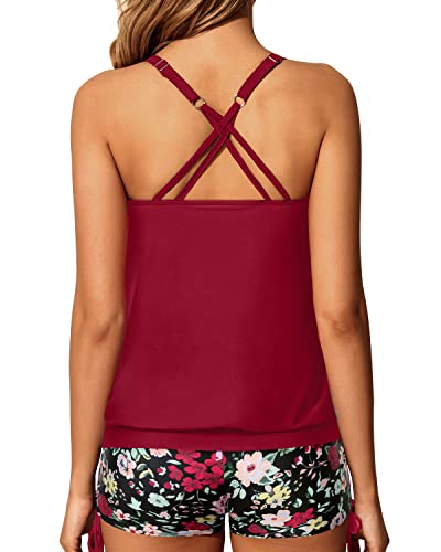 Slimming Tummy Control Blouson Tankini Two Piece Swimsuit Shorts-Red Floral