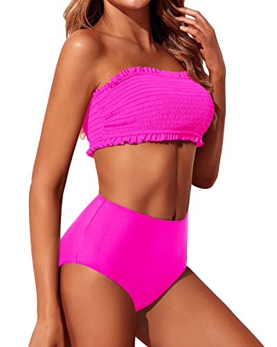 High Cut Womens Two Piece Off Shoulder Ruffle Bathing Suit-Neon Pink
