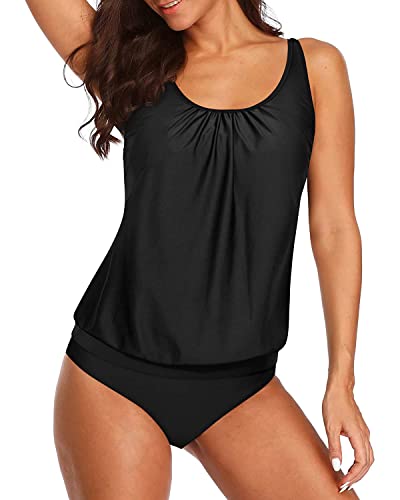 Women's Built-In Sports Soft Bra Wireless Blouson Tankini Swimsuits-Black