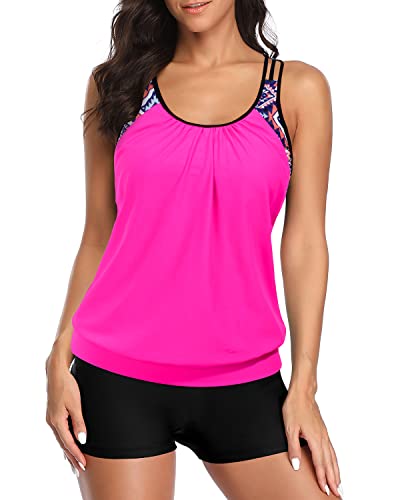 Women's Athletic Two Piece Tankini Suits High Waisted Board Shorts-Neon Pink
