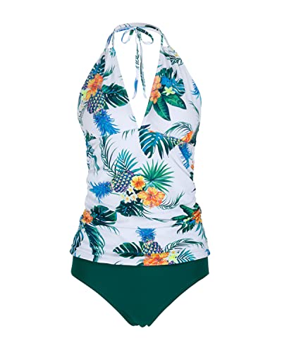 Fashionable Two Piece Halter Tankini V-Neck For Women-White Pineapple