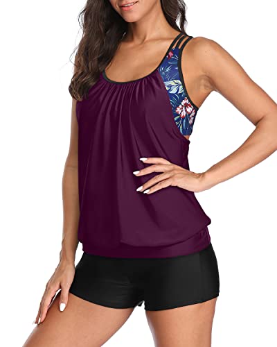 Two Piece Tankini Swimsuits Tummy Control Boyshorts For Women-Wine Red Leaves