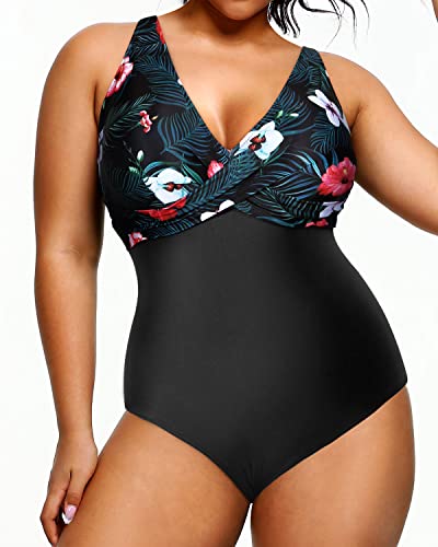 Push-Up Bra Adjustable Wide Straps Plus Size Swimsuit For Women-Black Floral