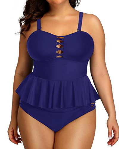 Plus Size Swimsuits Tummy Control Two Piece Bathing Suits For Women-Navy Blue