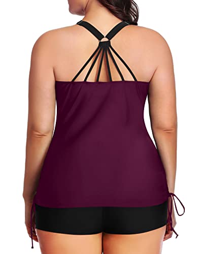 Athletic Plus Size Two Piece Ruched Swimsuit Tummy Control-Maroon