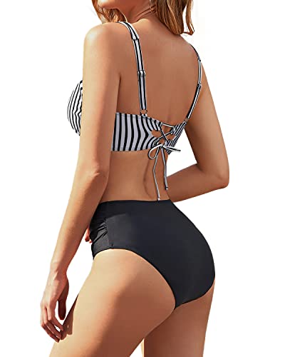 Ruched Women's Full Coverage Two Piece High Waisted Bikini Set-Black And White Stripe