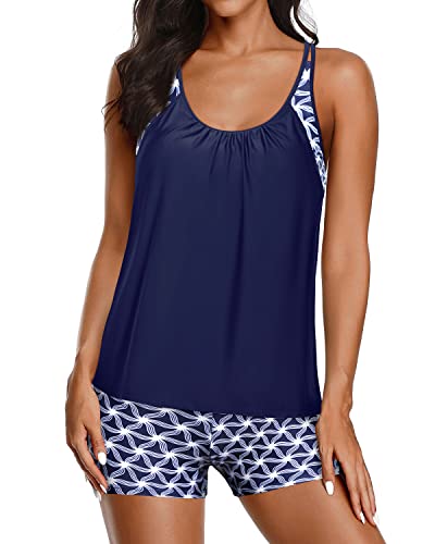 Athletic Swim Tank Top Boy Shorts Two Piece Tummy Control Bathing Suits-Blue And White Stars