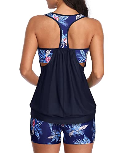 Racerback Bathing Suit Top Boyshorts For Women-Blue Floral