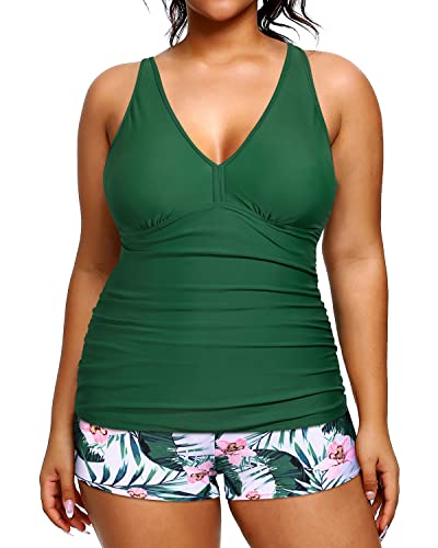 Athletic Plus Size Bathing Suits V Neckline Modest Swimsuits For Women-Green Tropical Floral