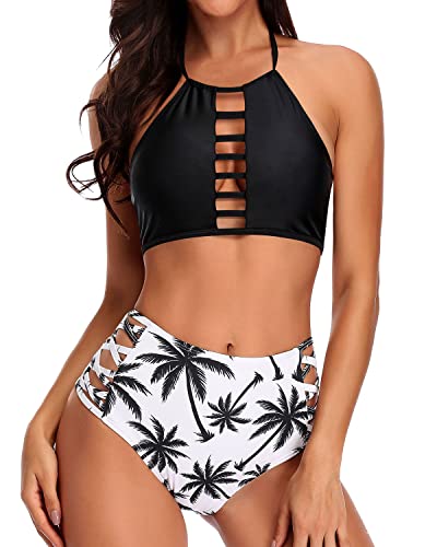 High Waisted Bikini Set Halter Swimsuits 2 Piece Swimsuit For Women-Black Palm Tree