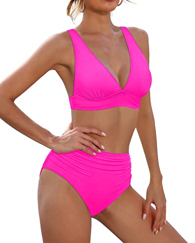 Two-Piece Swimsuit High Waisted Bikini Tummy Control Bathing Suit V Neck Swimwear-Neon Pink