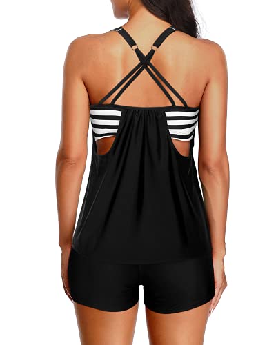 Layered Tankini Top Boy Shorts Casual Tankini Set-Black