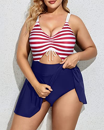 Women Plus Size One Piece Swimsuit Skirt V Neck Swimdress-Flag
