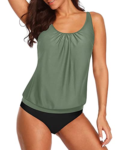Blouson Tankini Swimsuits Removable Wireless Bra For Women-Olive Green