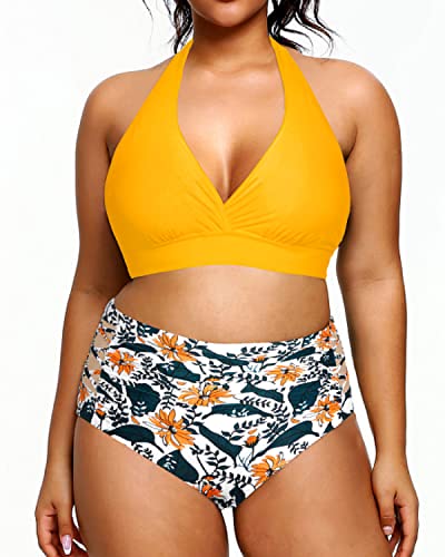 Women's High Waisted Two Piece Plus Size Bikini Swimsuit-Yellow Floral