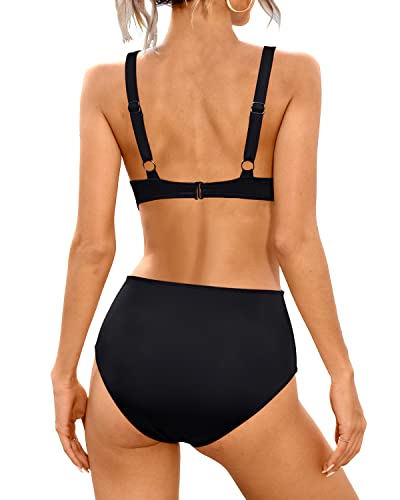 Women V Neck High Waisted Bikini Tummy Control Two Piece Bikini Set-Black