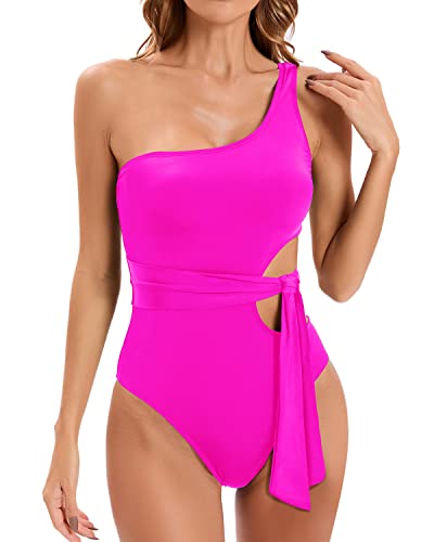 Cut Out One Shoulder Swimsuit Monokini For Women-Neon Pink