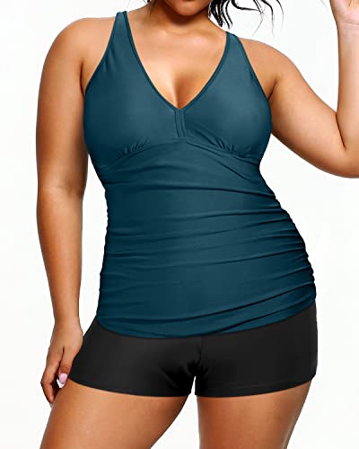 Tummy Control Tankini Plus Size Swimsuits Shorts Two Piece Bathing Suits-Teal And Black