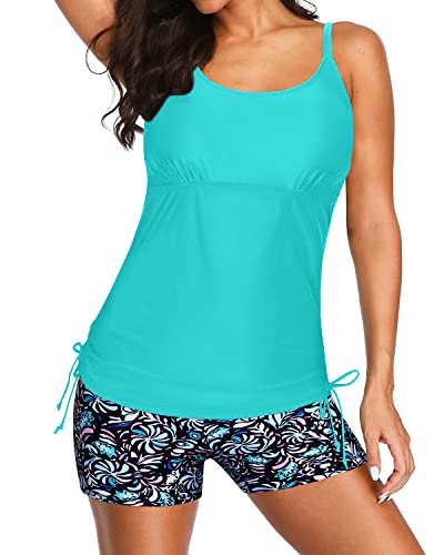 Adjustable Strappy Back Tankini Modest Coverage Side Tie Tank Top-Light Blue-Green Floral