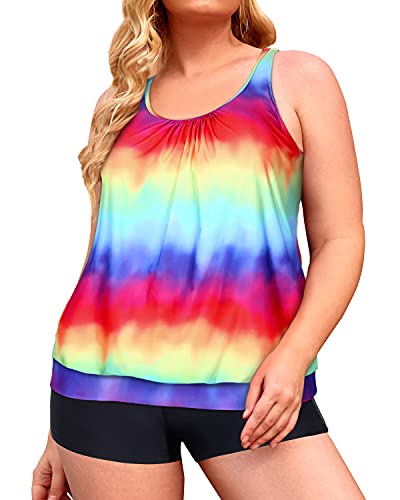 Wirefree Plus Size Blouson Tankini Top Boyshort Bottoms For Women-Color Tie Dye