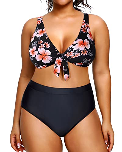 Slimming Plus Size Bikini High Waisted Swimsuits Two Piece Bathing Suits-Pink Flower
