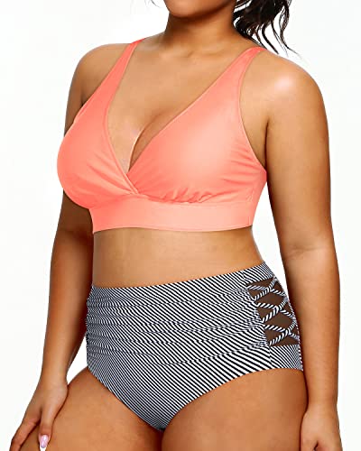 Adjustable Wide Straps Plus Size Two Piece Bathing Suits-Coral Pink Stripe