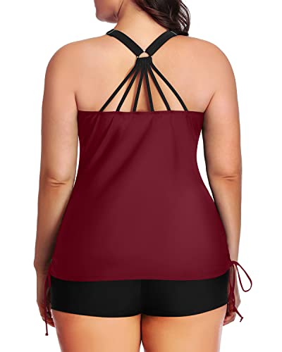 Pushup Bra Tighten Drawstring Plus Size Tankini Swimsuit-Maroon