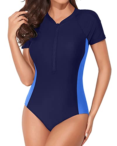 Zip Up Bathing Suits Built In Bra Short Sleeve Rash Guard For Women-Navy Blue