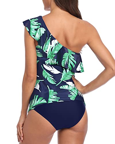 Sexy Asymmetric Neckline One Shoulder Tankini Swimsuits For Women-Blue Leaf