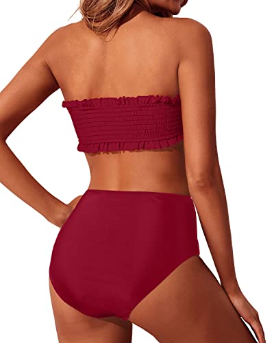 Push Up Off Shoulder Bandeau Bikini Top High Waisted Cheeky Bottom-Red