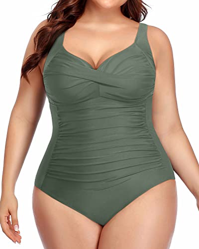 Push Up Swimwear Molded Cups Ruched Cross Swimsuits For Curvy Women-Olive Green