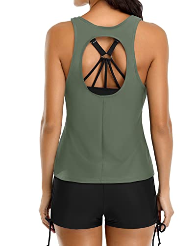 3 Piece Tankini Swimsuits Shorts And Sports Bra Strappy Bathing Suits-Olive