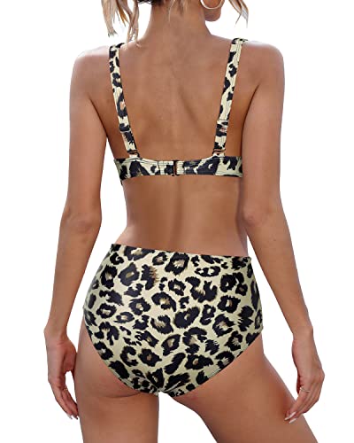 Two-Piece V Neck Swimsuit High Waisted Bikini Tummy Control Bathing Suit-Leopard